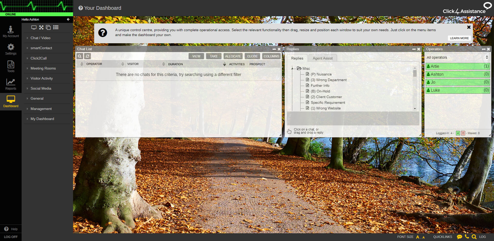 The Click4Assistance software dashboard provides live chat agent service. The Click4Assistance software dashboard provides live chat agent service.
