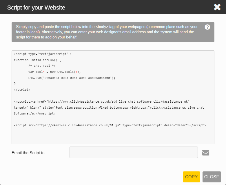 Click4Assistance script to add a live chat button to your website. Click4Assistance script to add a live chat button to your website.