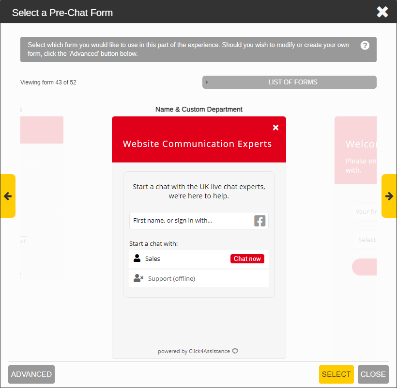 Selecting a pre chat form from the form selector within the Click4Assistance live chat software application. Selecting a pre chat form from the form selector within the Click4Assistance live chat software application.