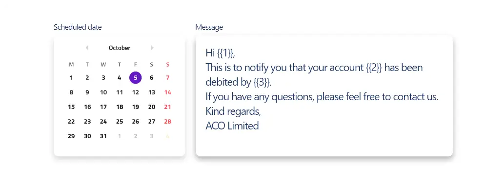 Automated message scheduler calendar interface showing message template and calendar