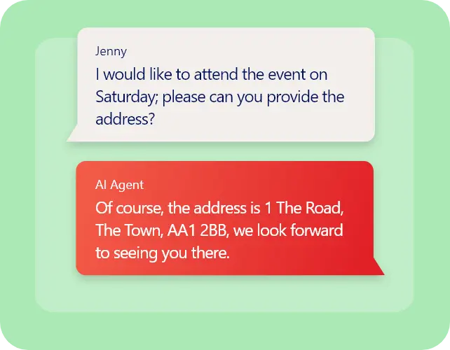 Chat interface on a green background shows a conversation. Jenny asks for an event address; AI Agent provides it cheerfully. Dialogue in blue and red speech bubbles.