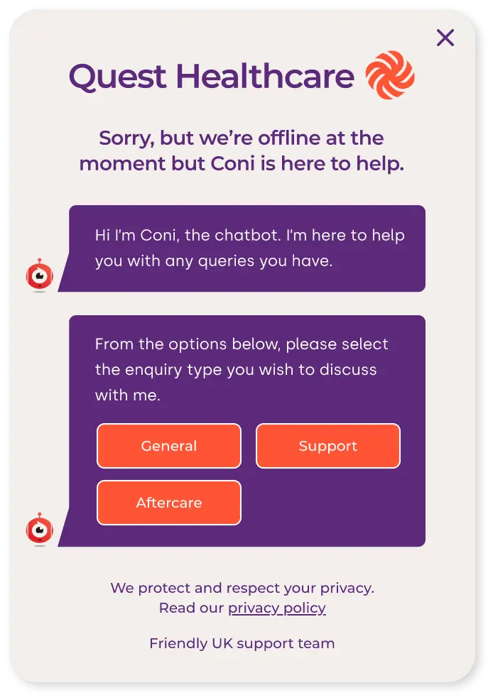 Click4Assistance Coni chatbot window collecting visitor details when agents are offline through chatbot for website