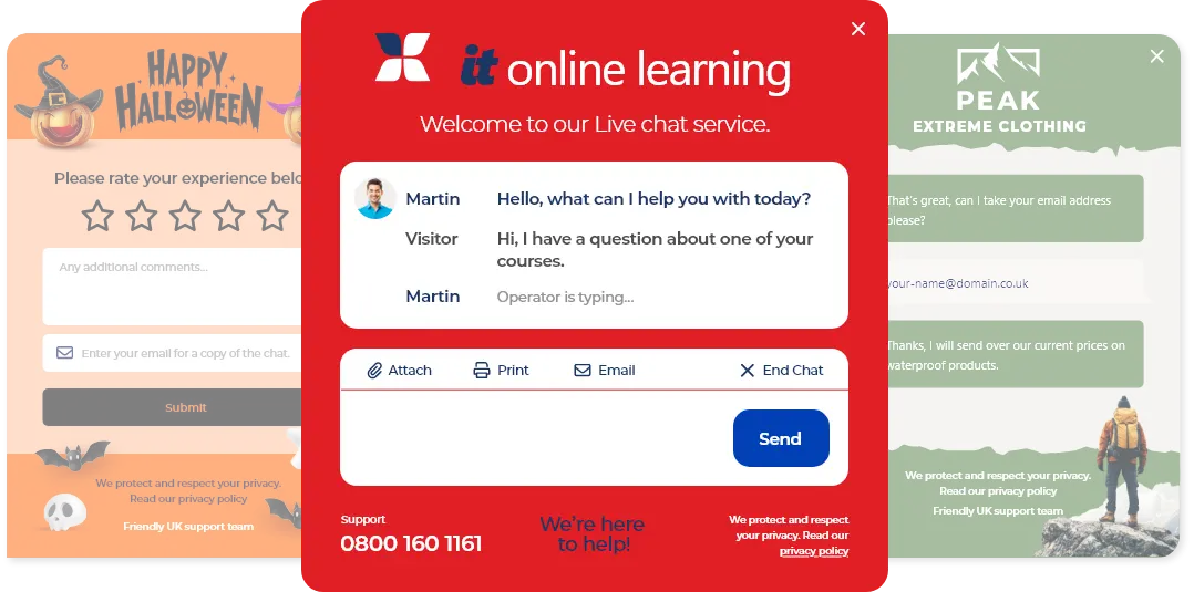 Laptop screen showing website and example chat window