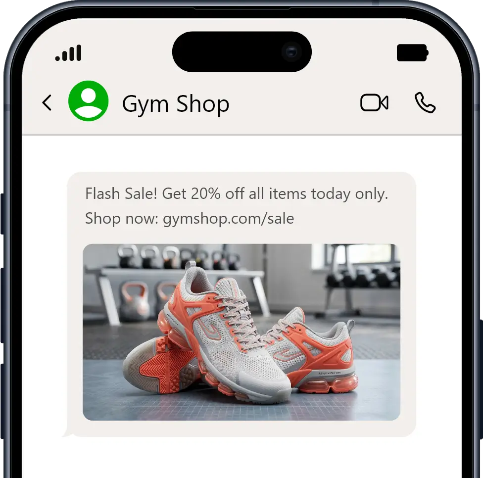 Phone graphic displaying a WhatsApp promo conversation Phone graphic displaying a WhatsApp promo conversation