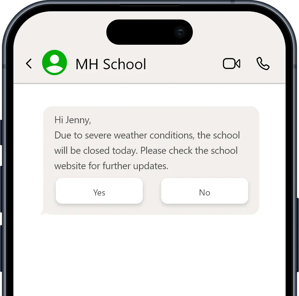 Phone graphic displaying a WhatsApp quick reply message Phone graphic displaying a WhatsApp quick reply message