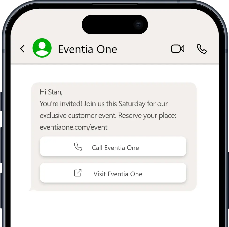 Phone graphic displaying a WhatsApp call to action message Phone graphic displaying a WhatsApp call to action message
