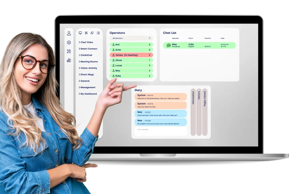 Blonde woman Demonstrating live chat service for businesses