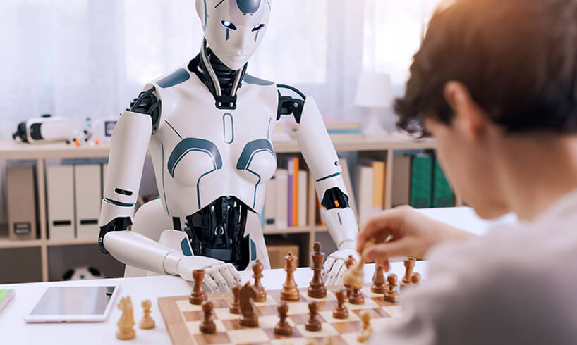 Intense Competition Boy Vs Robot Chess Match